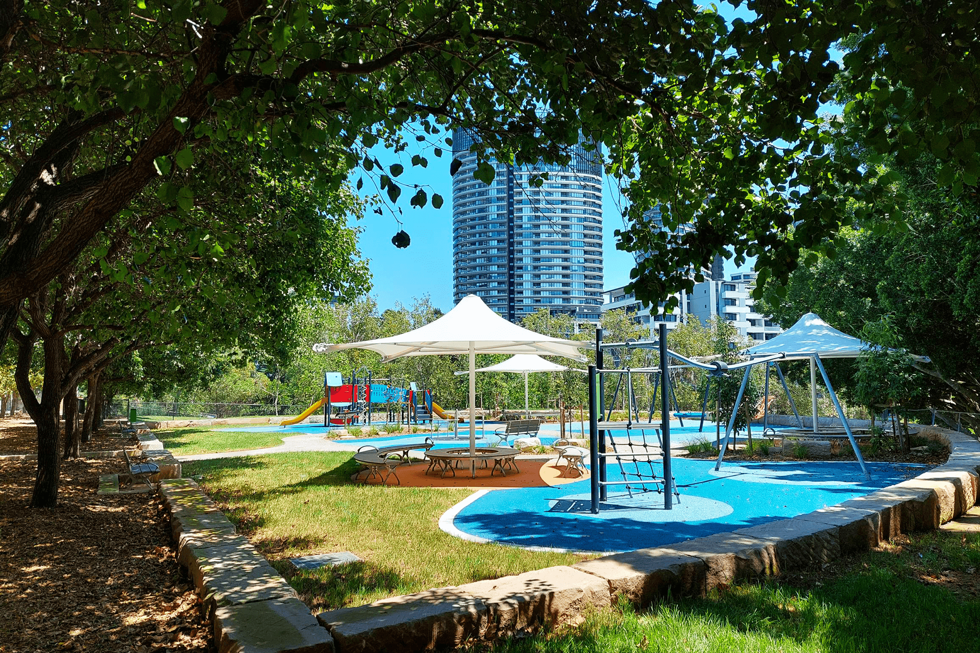 Playground equipment, shade structures and seating.