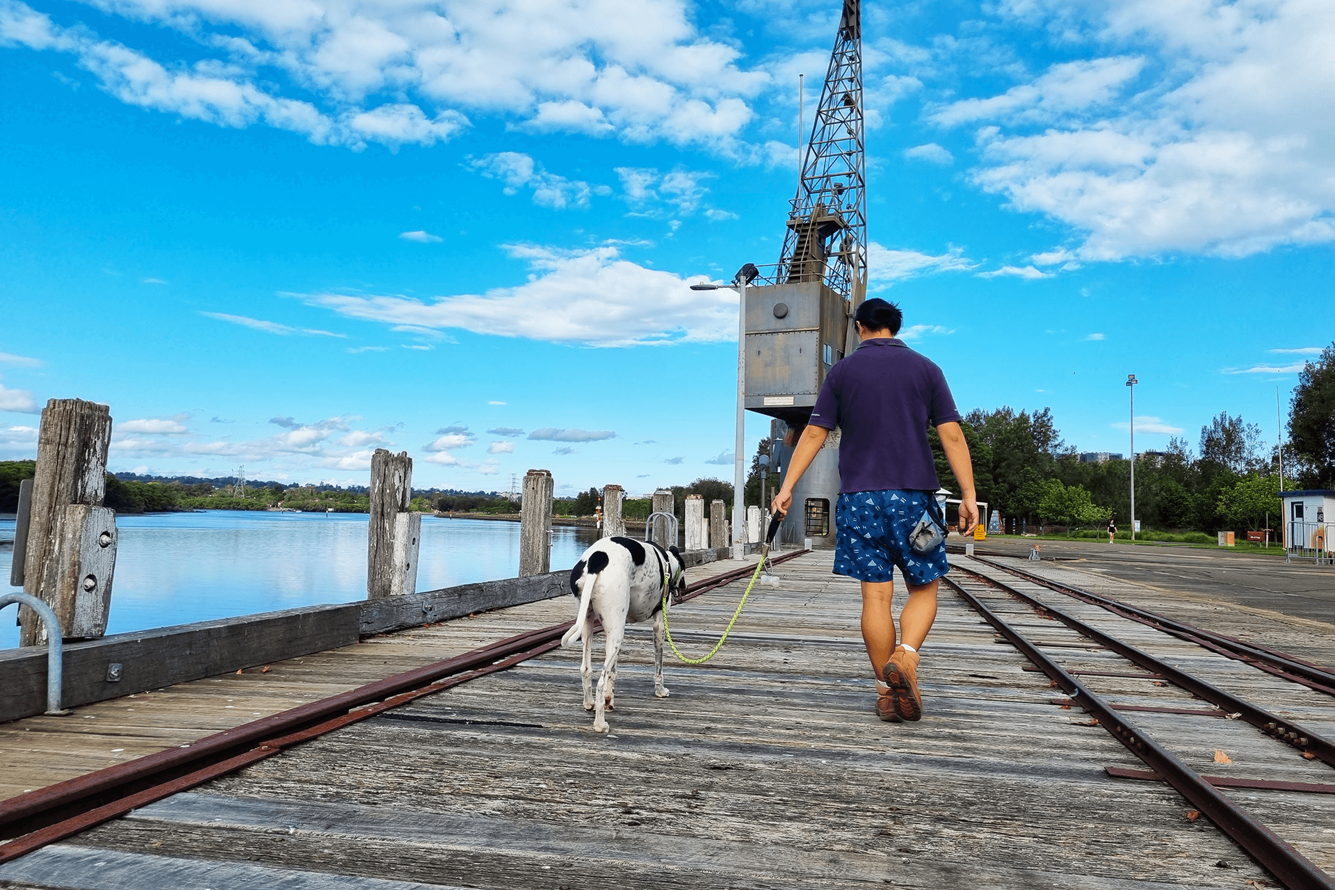 Person with dog on Armory boardwalk, heritage rails and heritage crane, by Parramatta River.