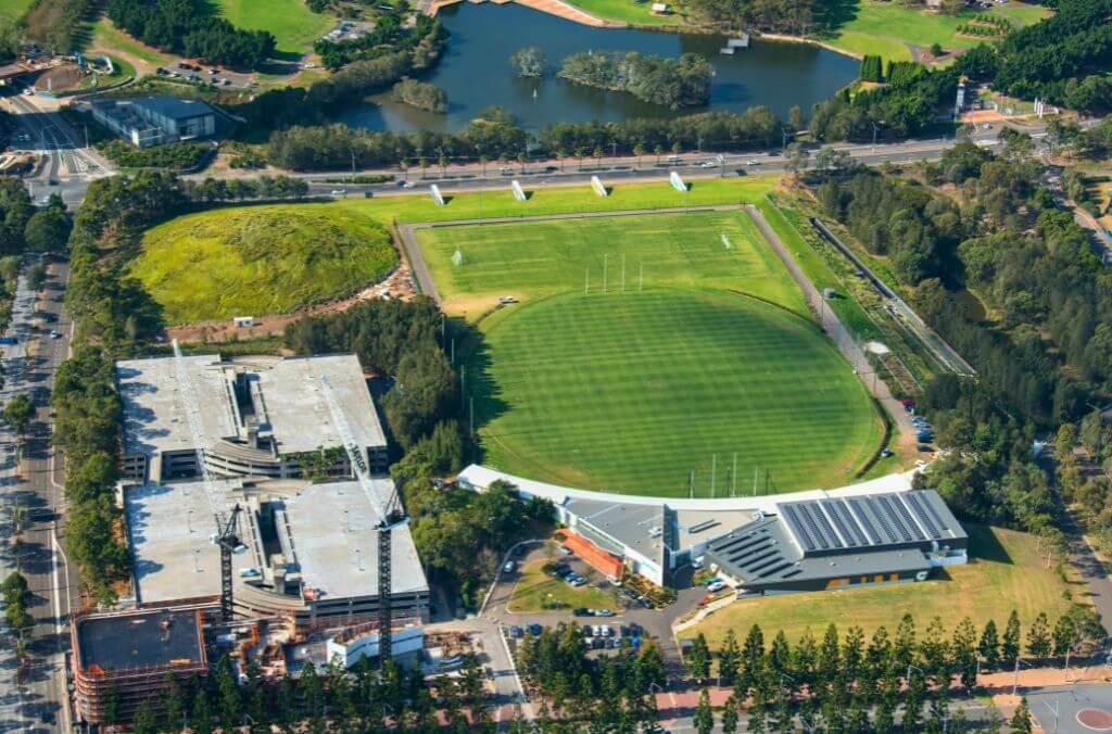 Ariel shot - Tom Wills community field, large green grass pitch