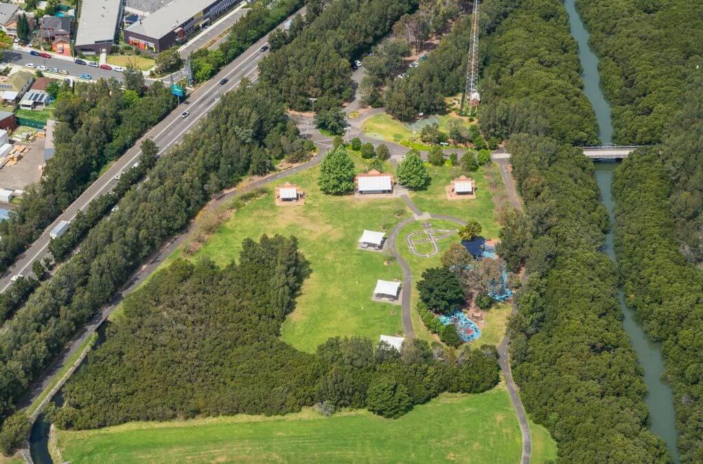 Ariel shot of Concord West playground and pavilions 